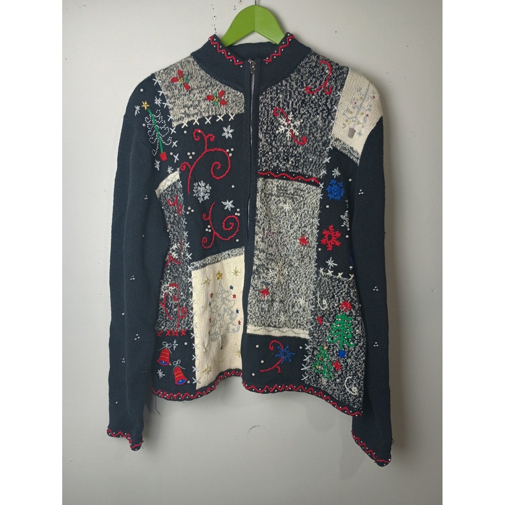 Erika Vintage Christmas Patchwork Zip Up Sweater XL Black Embroidered Beaded